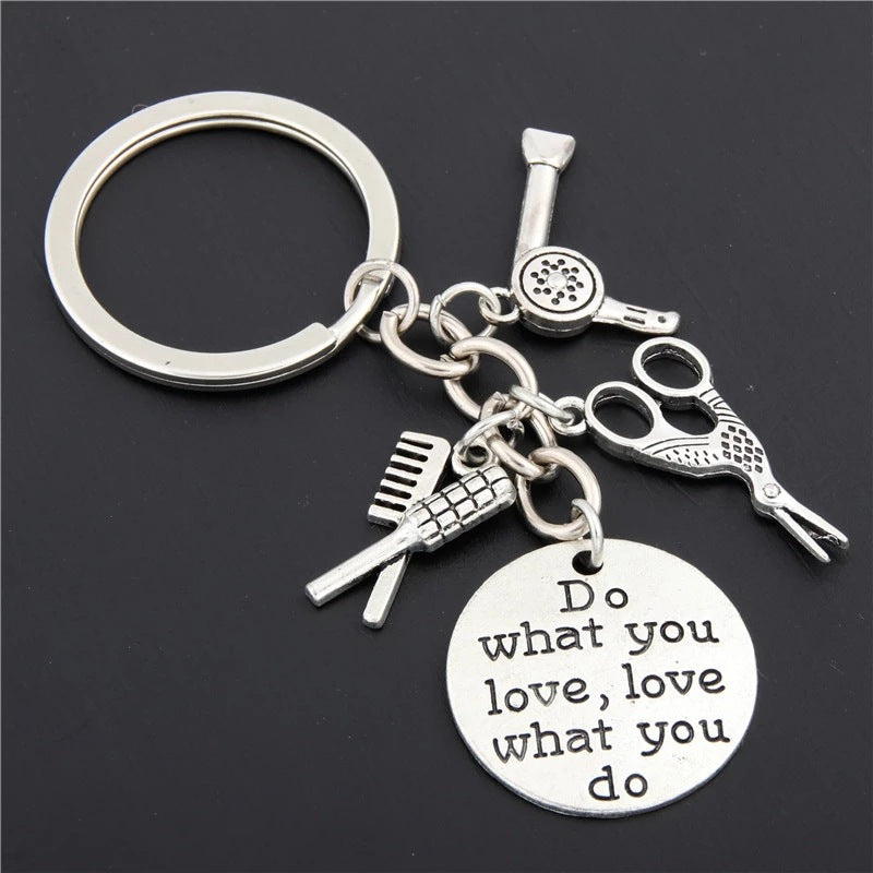 "Do What You Love, Love What You Do" Silver Hairstylist Charm Keychain